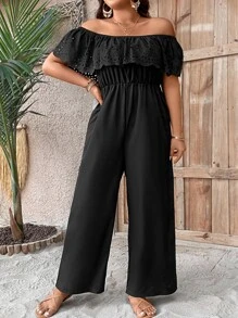 SHEIN Clasi Jumpsuits Plus Size Xù Tranh thêu màu trơn Giải trí - màu đen - Xem 3