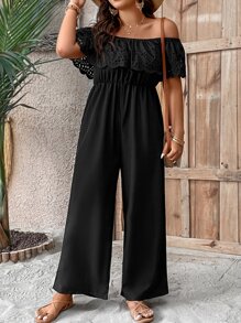 SHEIN Clasi Jumpsuits Plus Size Xù Tranh thêu màu trơn Giải trí - màu đen - Xem 4