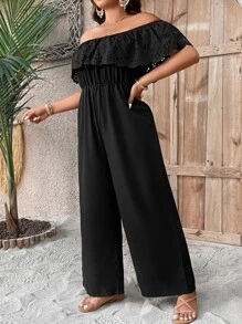 SHEIN Clasi Jumpsuits Plus Size Xù Tranh thêu màu trơn Giải trí - màu đen - Xem 5