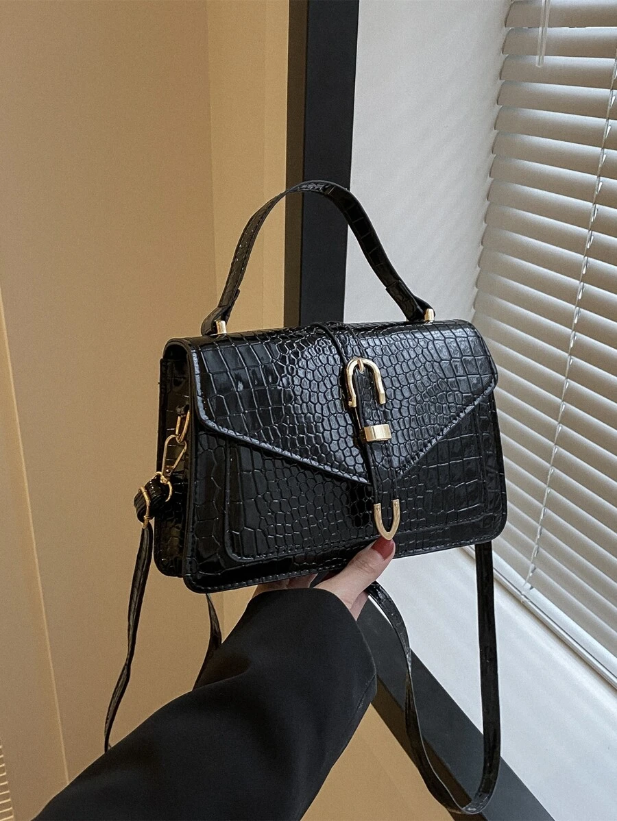 鱷魚壓紋搭扣裝飾翻蓋方包 - 黑色 - 查看 1