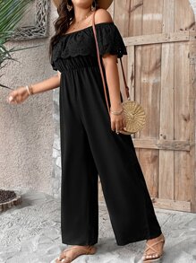 SHEIN Clasi Jumpsuits Plus Size Xù Tranh thêu màu trơn Giải trí - màu đen - Xem 6