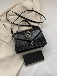 鱷魚壓紋搭扣裝飾翻蓋方包 - 黑色 - 查看 5