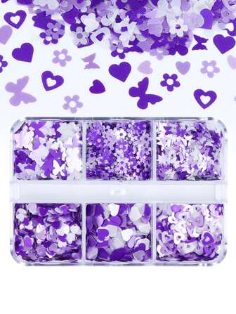 1盒6格環氧樹脂閃光填充混合愛心蝴蝶亮片裝飾樹脂模具DIY配件浪漫珠寶製作