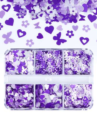 1盒6格環氧樹脂閃光填充混合愛心蝴蝶亮片裝飾樹脂模具DIY配件浪漫珠寶製作