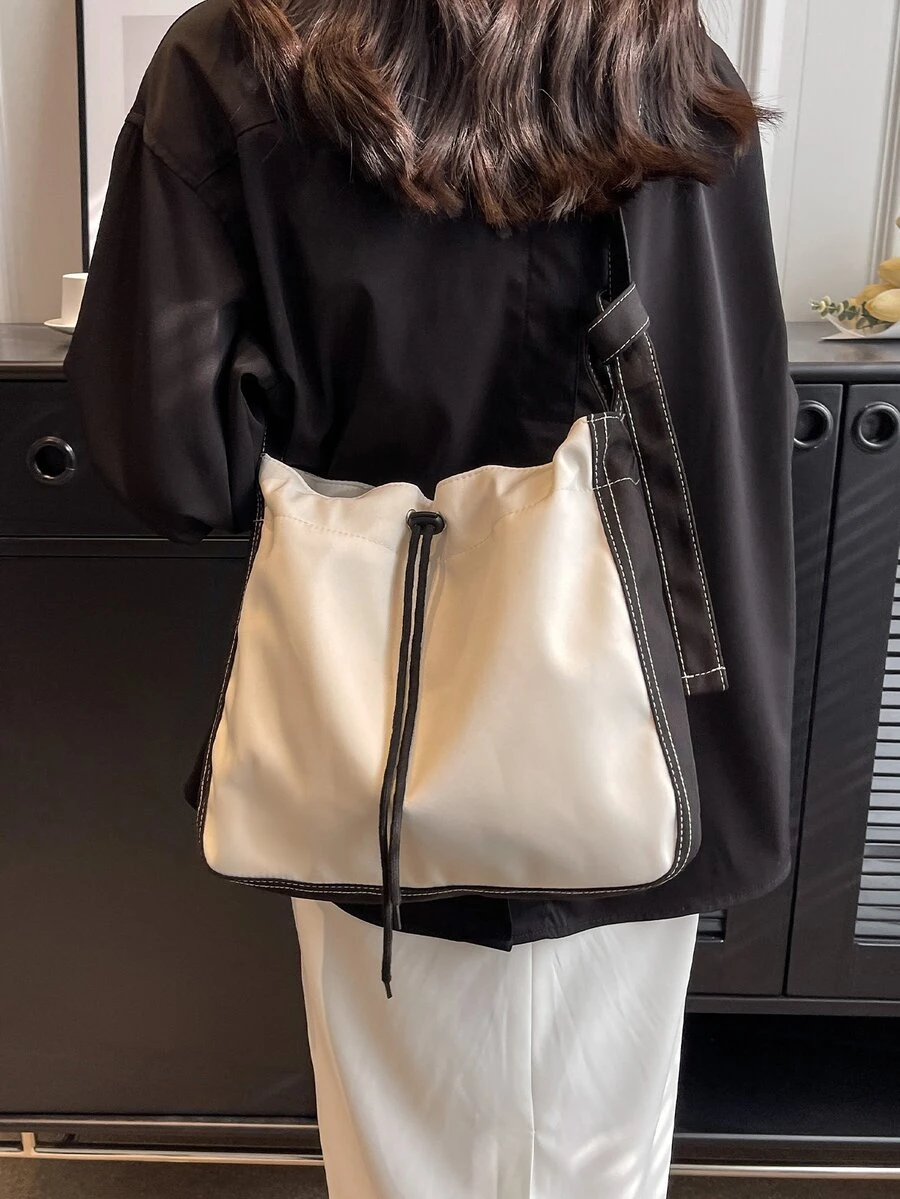 Drawstring Design Hobo Bag - White - View 1