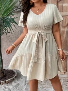 SHEIN LUNE Vestido unicolor con cinturón bajo con fruncido - Albaricoque - Ver 3