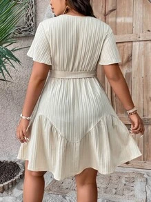 SHEIN LUNE Vestido unicolor con cinturón bajo con fruncido - Albaricoque - Ver 2