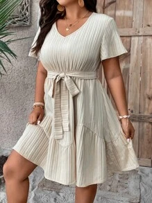 SHEIN LUNE Vestido unicolor con cinturón bajo con fruncido - Albaricoque - Ver 4