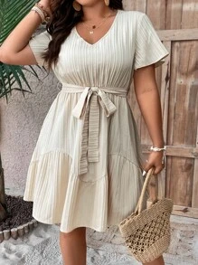 SHEIN LUNE Vestido unicolor con cinturón bajo con fruncido - Albaricoque - Ver 5