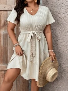 SHEIN LUNE Vestido unicolor con cinturón bajo con fruncido - Albaricoque - Ver 6