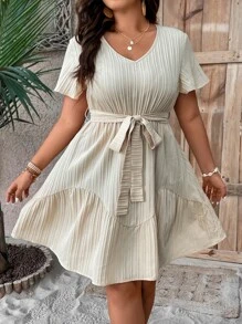 SHEIN LUNE Vestido unicolor con cinturón bajo con fruncido - Albaricoque - Ver 1