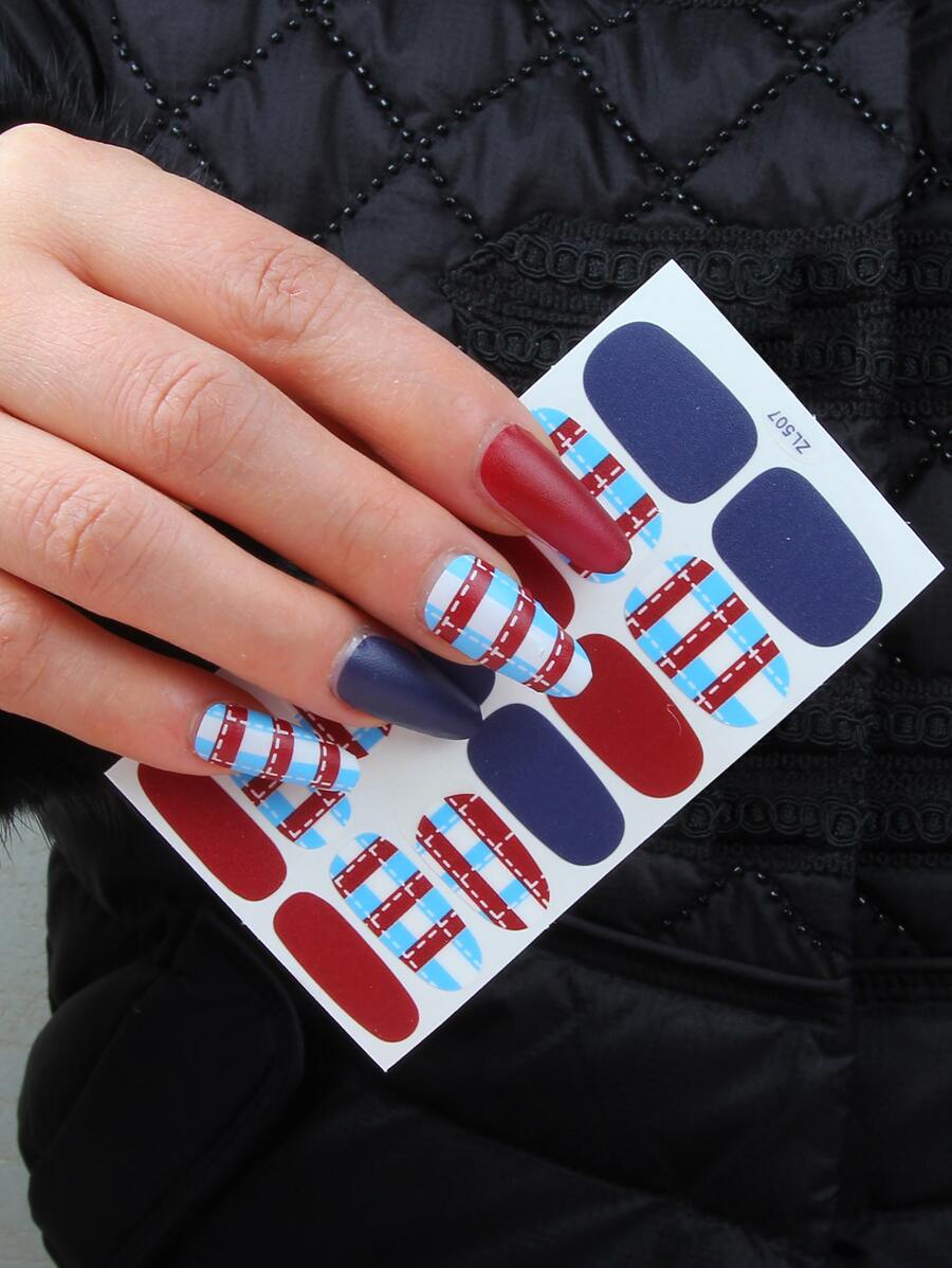 1sheet Plaid Pattern Nail Art Sticker & 1pc Nail File - Multicolor - View 1