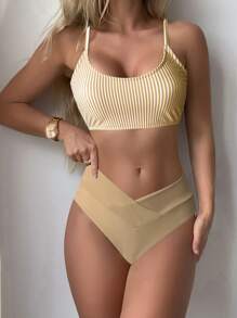 Bộ Bikini Đi Biển Mùa Hè Sọc Dọc - Màu Khaki - Xem 1