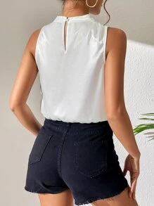 SHEIN Privé Solid Draped Collar Sleeveless Satin Blouse - White - View 2