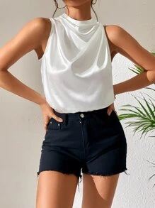 SHEIN Privé Solid Draped Collar Sleeveless Satin Blouse - White - View 3