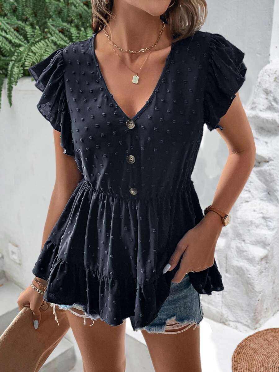 SHEIN VCAY Blusa de lunares de manga mariposa bajo con fruncido - Azul Marino - Ver 1