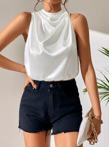 SHEIN Privé Solid Draped Collar Sleeveless Satin Blouse - White - View 4