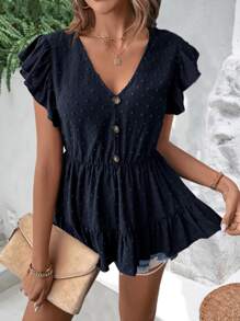 SHEIN VCAY Blusa de lunares de manga mariposa bajo con fruncido - Azul Marino - Ver 4