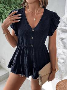 SHEIN VCAY Blusa de lunares de manga mariposa bajo con fruncido - Azul Marino - Ver 5