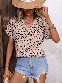 SHEIN LUNE 滿版印花蝙蝠袖襯衫 - 杏色 - 查看 5