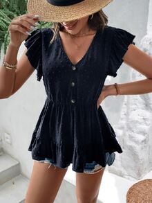 SHEIN VCAY Blusa de lunares de manga mariposa bajo con fruncido - Azul Marino - Ver 6