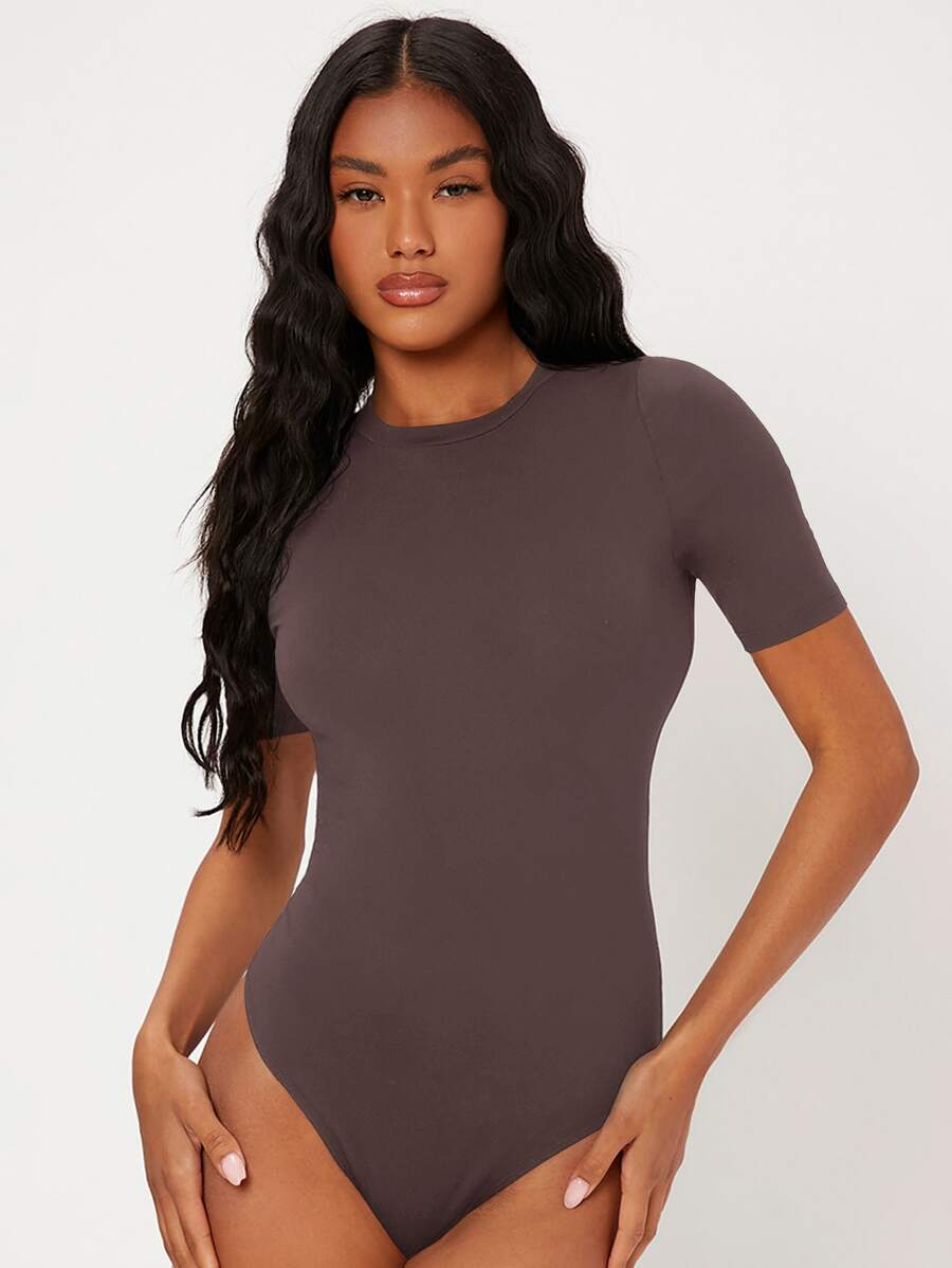 SHEIN BASICS Solid Round Neck Bodysuit - Coffee Brown - View 1