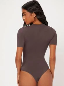 SHEIN BASICS Solid Round Neck Bodysuit - Coffee Brown - View 2