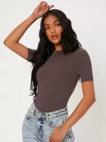 SHEIN BASICS Solid Round Neck Bodysuit - Coffee Brown - View 3