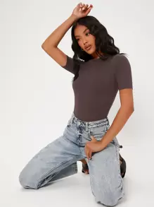 SHEIN BASICS Solid Round Neck Bodysuit - Coffee Brown - View 4