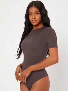 SHEIN BASICS Solid Round Neck Bodysuit - Coffee Brown - View 5