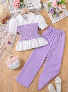 SHEIN 女孩泡泡袖荷葉邊下擺襯衫和褲子 - 彩色 - 查看 1