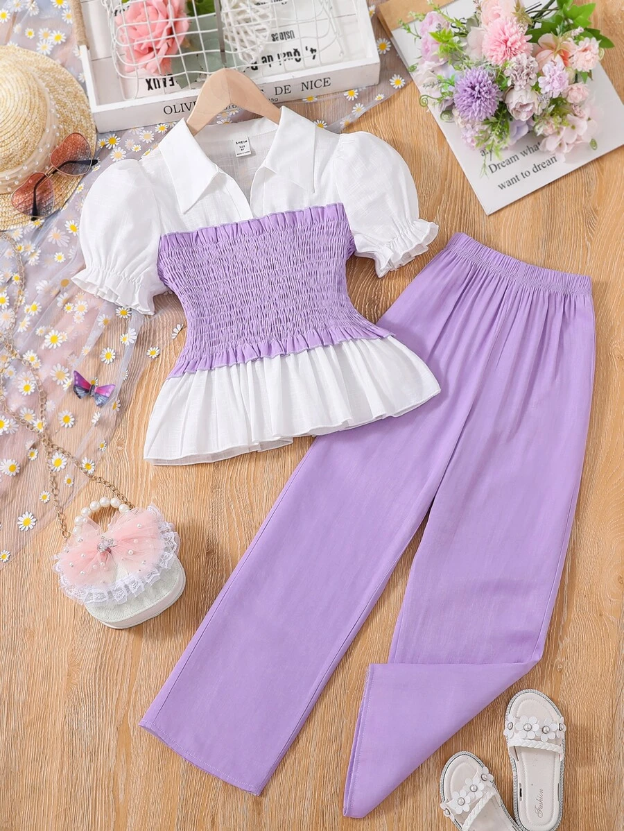 SHEIN 女孩泡泡袖荷葉邊下擺襯衫和褲子 - 彩色 - 查看 1