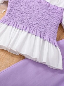 SHEIN 女孩泡泡袖荷葉邊下擺襯衫和褲子 - 彩色 - 查看 5