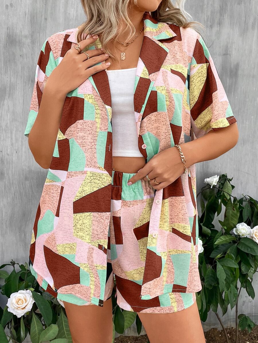 Calvaya Plus Patchwork Print Drop Shoulder Blouse & Shorts - Multicolor - View 1