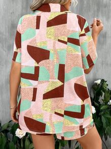 Calvaya Plus Patchwork Print Drop Shoulder Blouse & Shorts - Multicolor - View 2