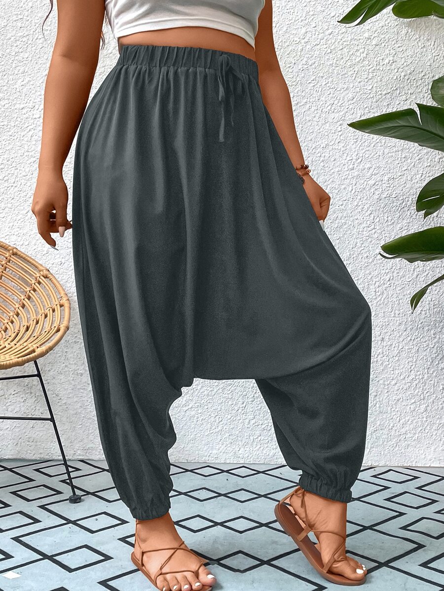 SHEIN LUNE Pantalones bombachos caídos con nudo en la cintura - Gris Oscuro - Ver 1