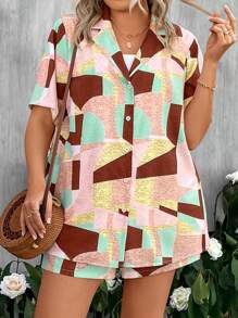 Calvaya Plus Patchwork Print Drop Shoulder Blouse & Shorts - Multicolor - View 5