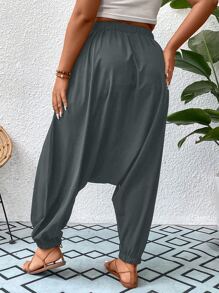 SHEIN LUNE Pantalones bombachos caídos con nudo en la cintura - Gris Oscuro - Ver 2