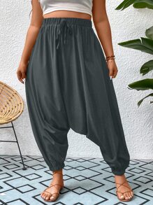 SHEIN LUNE Pantalones bombachos caídos con nudo en la cintura - Gris Oscuro - Ver 3