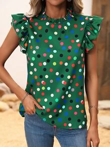 SHEIN VCAY Polka Dot Print Frill Neck Ruffle Trim Blouse - Green - View 1