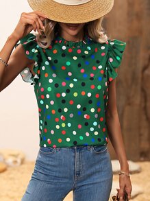 SHEIN VCAY Polka Dot Print Frill Neck Ruffle Trim Blouse - Green - View 4