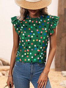 SHEIN VCAY Polka Dot Print Frill Neck Ruffle Trim Blouse - Green - View 6