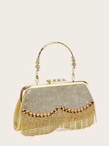 魅力四射金屬亮絲金光閃閃,亮片,奢華,閃亮水鑽和流蘇裝飾晚會包,完美新娘錢包適合婚禮,舞會和派對活動適合派對女孩,女士 - 金色 - 查看 2