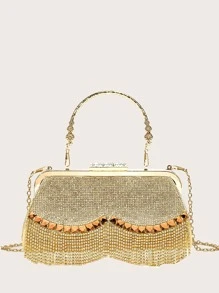 魅力四射金屬亮絲金光閃閃,亮片,奢華,閃亮水鑽和流蘇裝飾晚會包,完美新娘錢包適合婚禮,舞會和派對活動適合派對女孩,女士 - 金色 - 查看 4