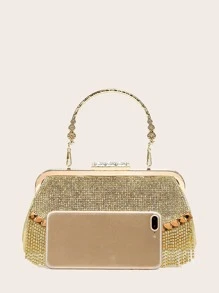 魅力四射金屬亮絲金光閃閃,亮片,奢華,閃亮水鑽和流蘇裝飾晚會包,完美新娘錢包適合婚禮,舞會和派對活動適合派對女孩,女士 - 金色 - 查看 5