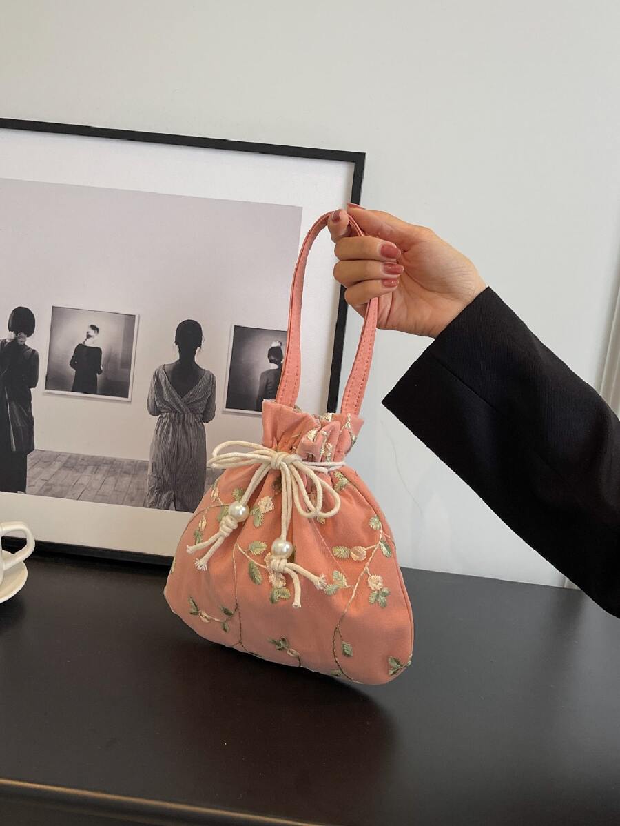 休閒繩帶包口紅袋女士手袋購物攜帶手腕包多功能蕾絲花柔軟提繩手提袋 - 淺粉色 - 查看 1