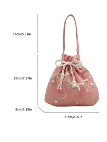 休閒繩帶包口紅袋女士手袋購物攜帶手腕包多功能蕾絲花柔軟提繩手提袋 - 淺粉色 - 查看 3