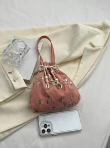 休閒繩帶包口紅袋女士手袋購物攜帶手腕包多功能蕾絲花柔軟提繩手提袋 - 淺粉色 - 查看 4