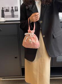 休閒繩帶包口紅袋女士手袋購物攜帶手腕包多功能蕾絲花柔軟提繩手提袋 - 淺粉色 - 查看 6