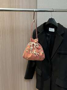 休閒繩帶包口紅袋女士手袋購物攜帶手腕包多功能蕾絲花柔軟提繩手提袋 - 淺粉色 - 查看 8